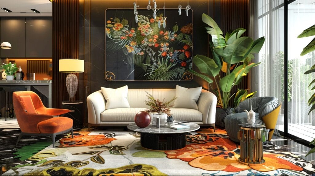 A modern living room featuring a white sofa, an orange chair and a grey armchair. The room is decorated with a large floral painting, green plants and a colourful floral rug. Natural light streams in through the large windows.