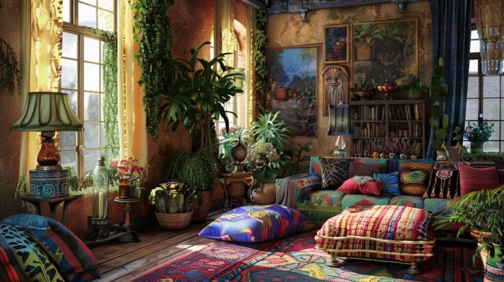 A lively living room with lush plants, colorful cushions on a patterned sofa and ottoman, a decorative rug, lamps, and a bookshelf. Sunlight streams in through the tall windows, illuminating the space.