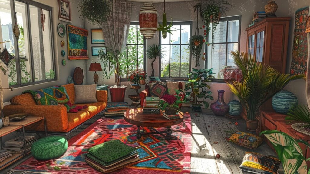 A brightly lit living room filled with colorful furniture, numerous plants, patterned rugs such as a vibrant rug, and various decorative items, with large windows through which natural light streams into the room.